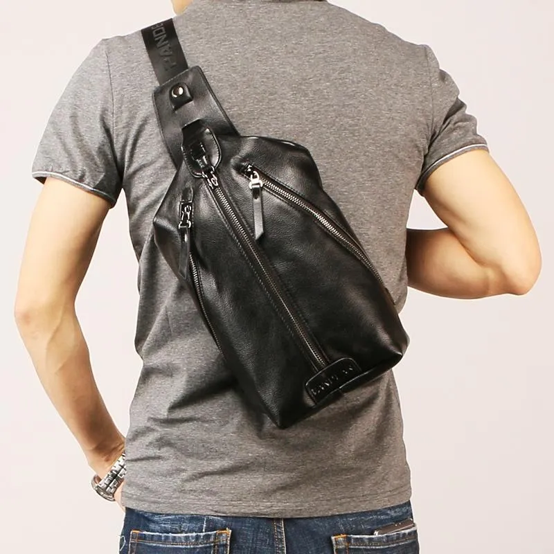 Black Leather Mens Sling Bag Chest Bag Sling Shoulder Bag Sling Backpack for men