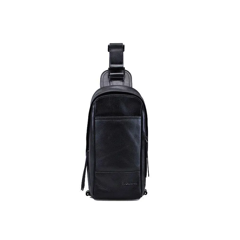 Black Leather Mens Sling Bag Sling Chest Bag Sling One SHoulder Backpack for men