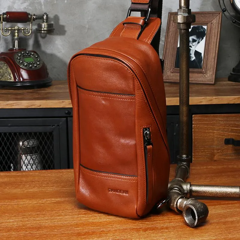 Black Leather Mens Sling Bag Sling Chest Bag Sling One SHoulder Backpack for men