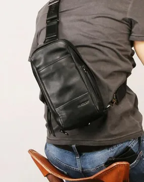 Black Leather Mens Sling Bag Sling Chest Bag Sling One SHoulder Backpack for men