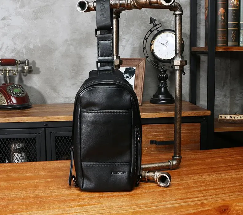 Black Leather Mens Sling Bag Sling Chest Bag Sling One SHoulder Backpack for men