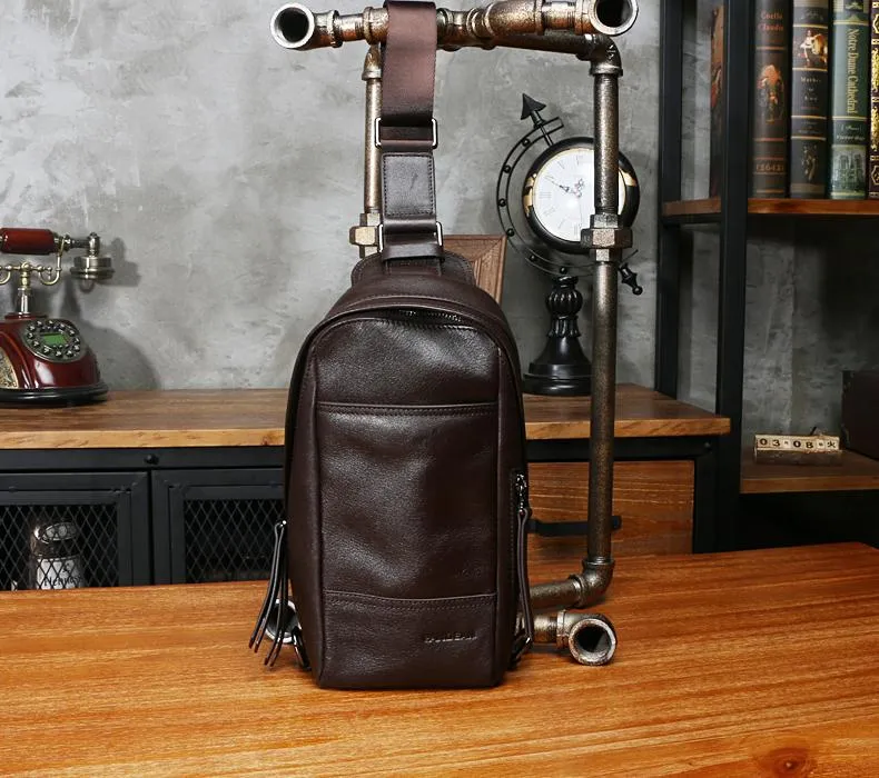 Black Leather Mens Sling Bag Sling Chest Bag Sling One SHoulder Backpack for men