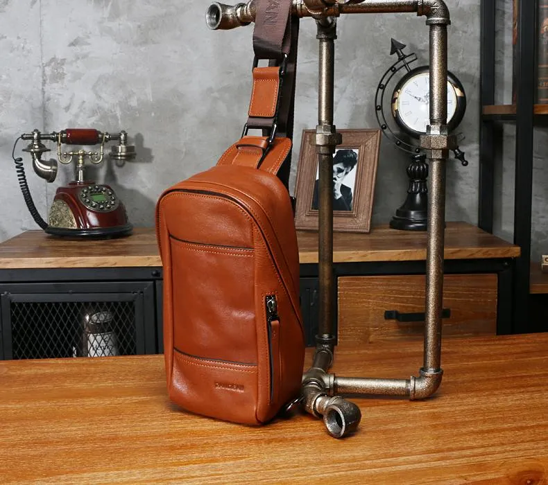 Black Leather Mens Sling Bag Sling Chest Bag Sling One SHoulder Backpack for men