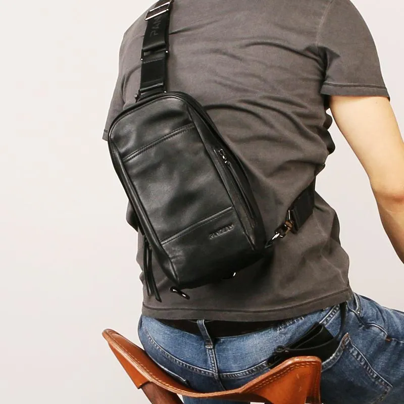 Black Leather Mens Sling Bag Sling Chest Bag Sling One SHoulder Backpack for men