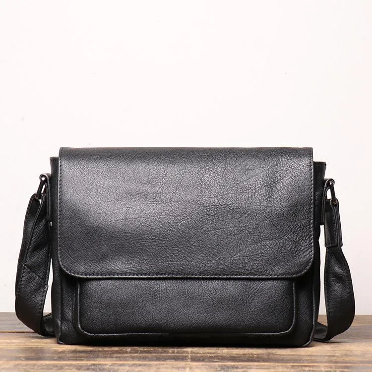 Black Leather Small Zipper Messenger Bag Small Side Bag Black Courier Bag Shoulder Bag For Men