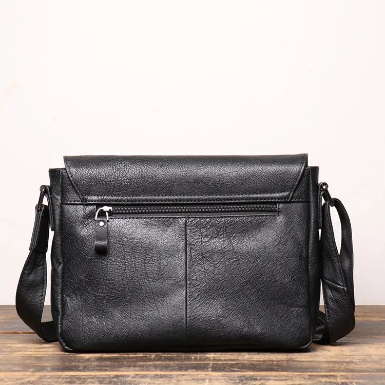 Black Leather Small Zipper Messenger Bag Small Side Bag Black Courier Bag Shoulder Bag For Men