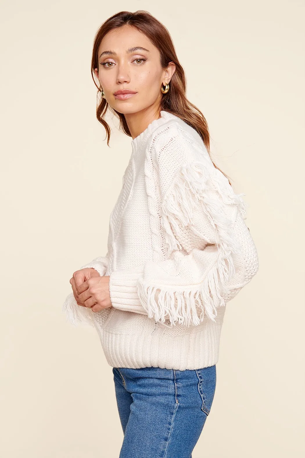 Bowman Fringe Sleeve Cable Knit Sweater