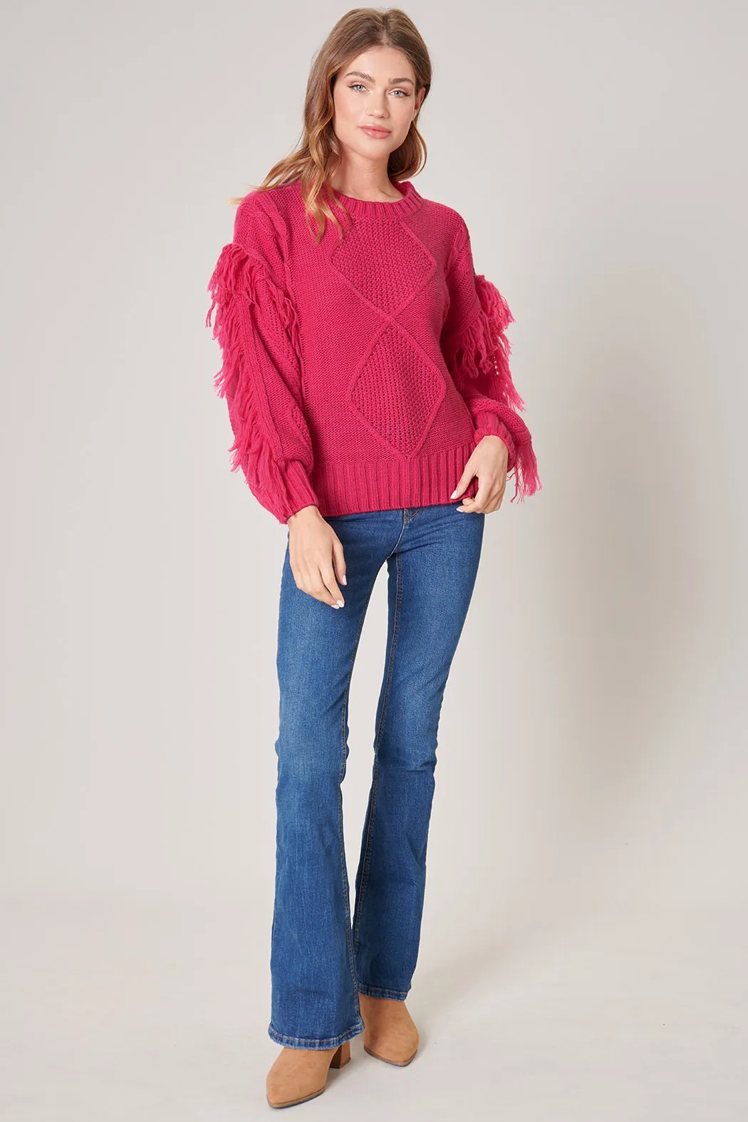 Bowman Fringe Sleeve Cable Knit Sweater