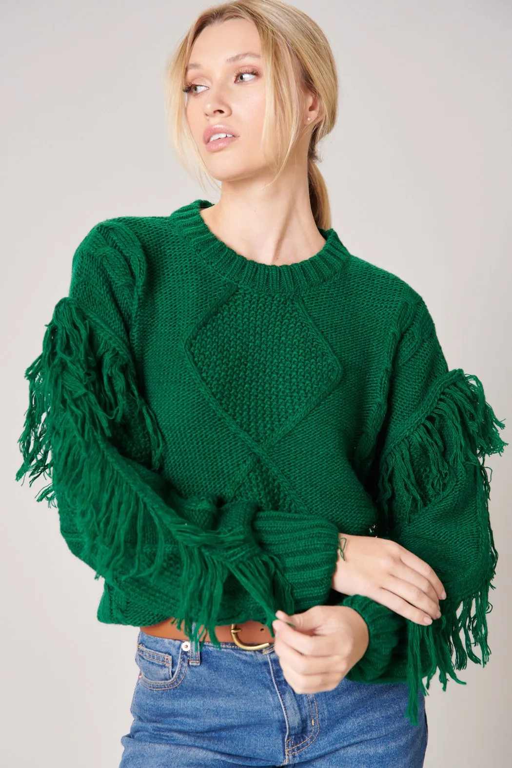 Bowman Fringe Sleeve Cable Knit Sweater