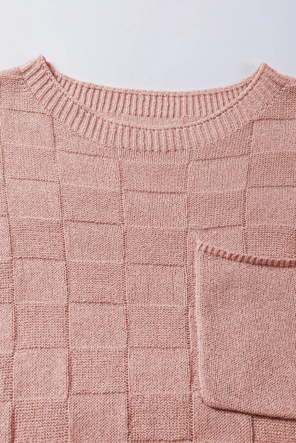 Bright Pink Lattice Textured Knit Short Sleeve Sweater