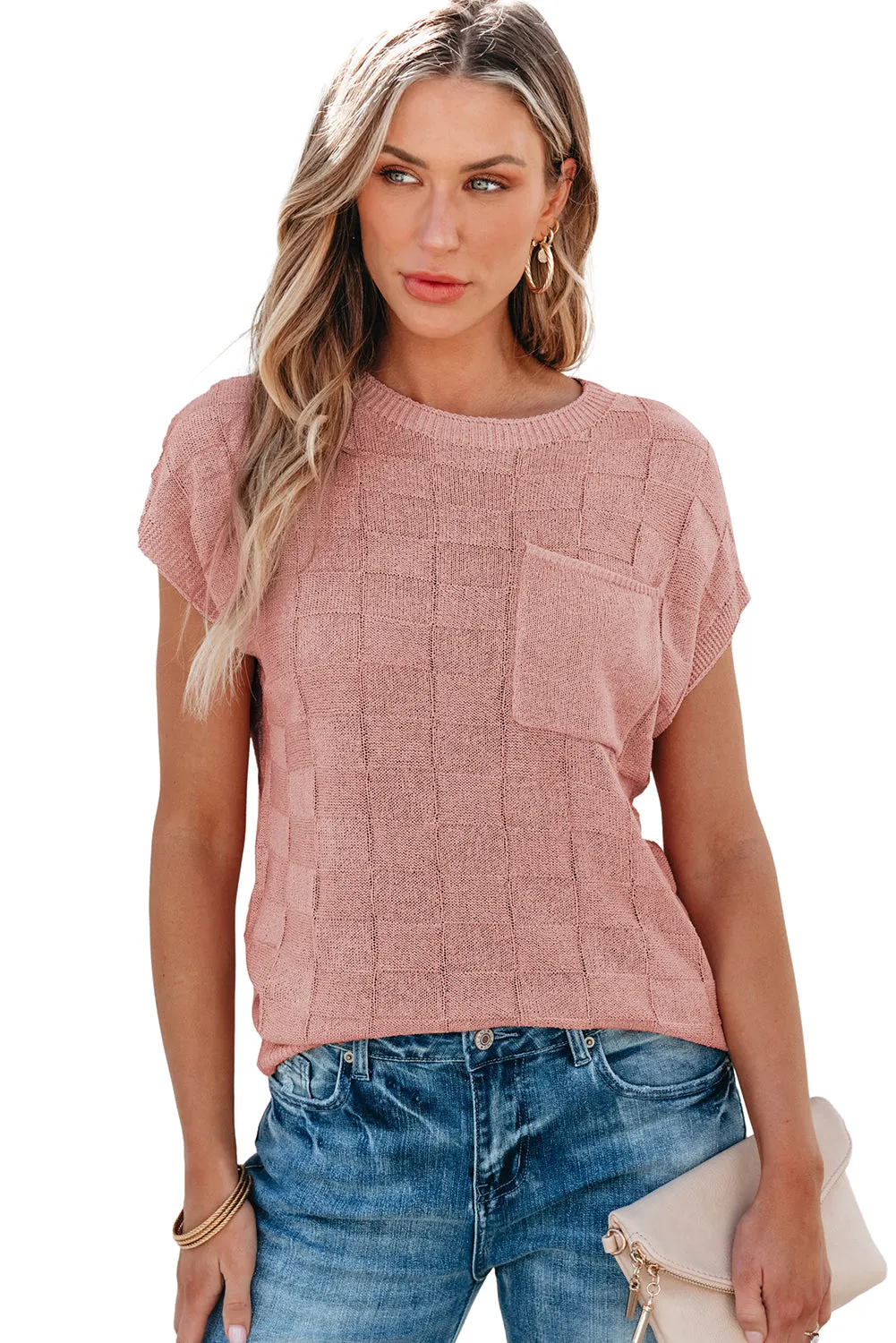 Bright Pink Lattice Textured Knit Short Sleeve Sweater