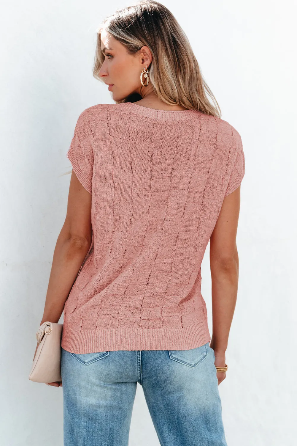 Bright Pink Lattice Textured Knit Short Sleeve Sweater