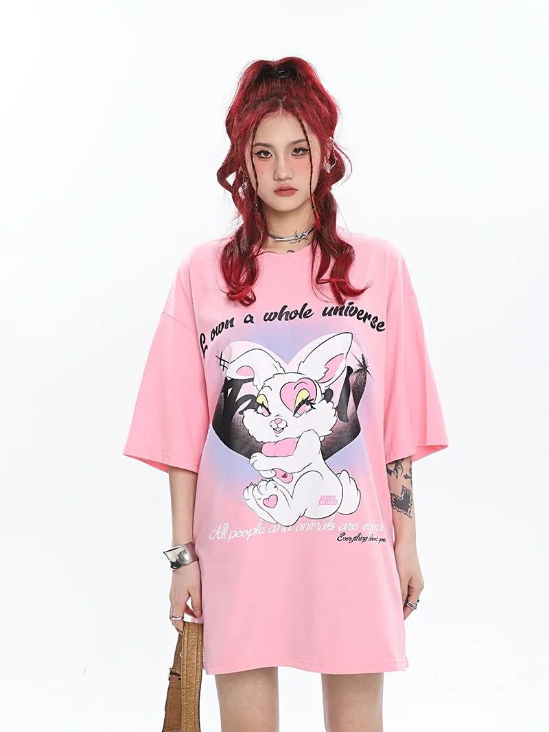 Bunny Graphic Image Print Round Neck Loose Solid Color T-shirt Top