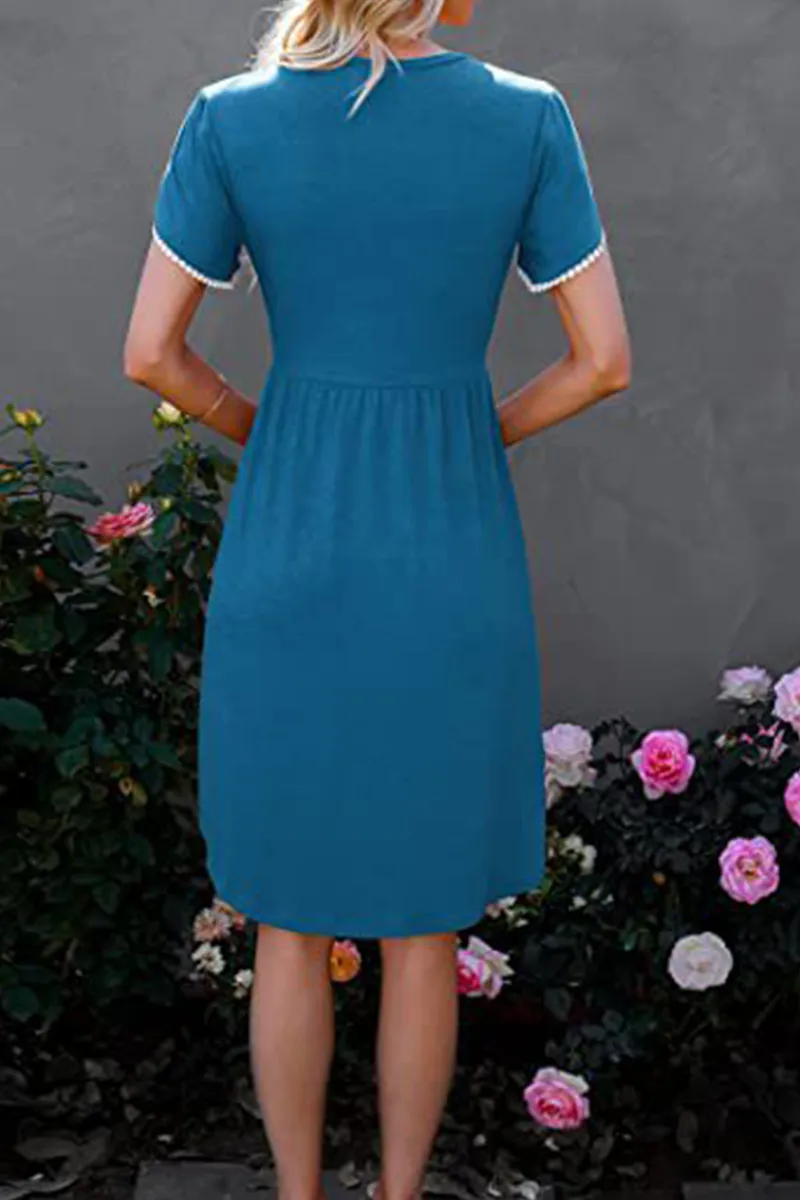 Casual Solid Split Joint O Neck Waist Skirt Dresses(5 colors)