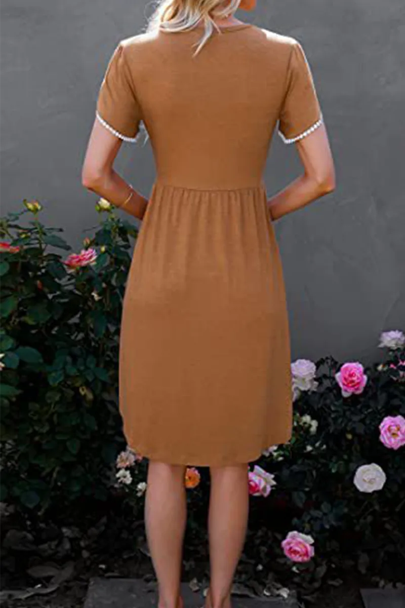 Casual Solid Split Joint O Neck Waist Skirt Dresses(5 colors)