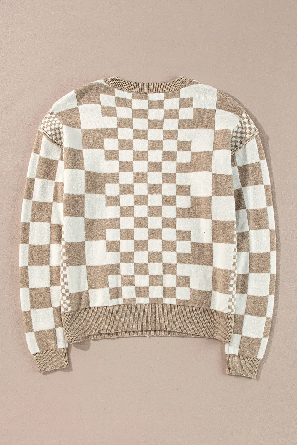 Checkered Drop Shoulder Round Neck Sweater