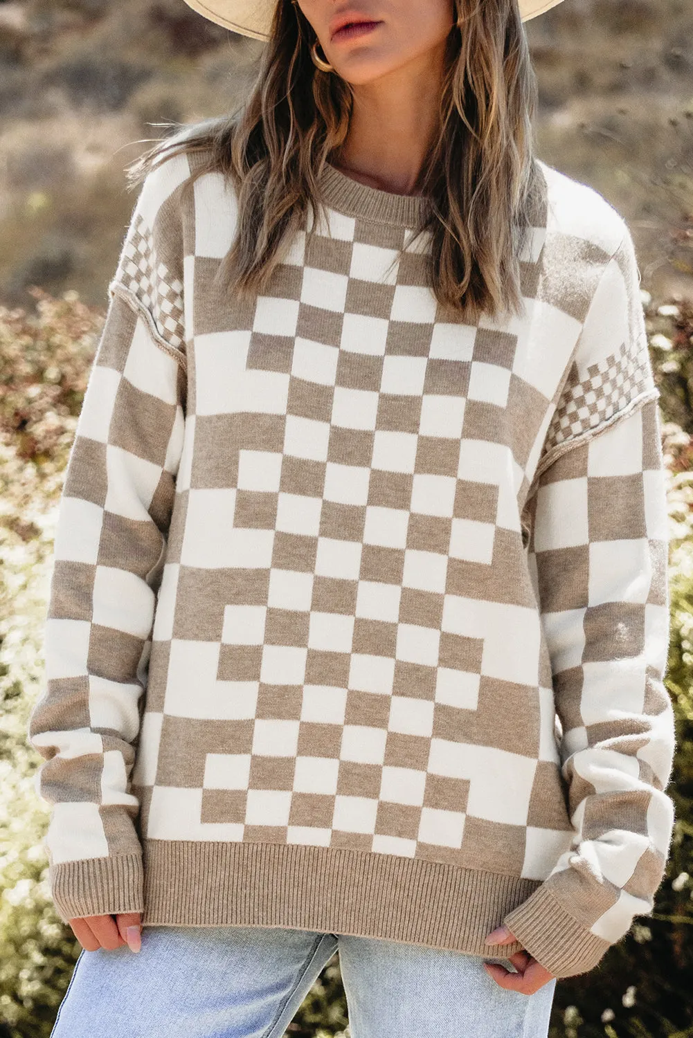 Checkered Drop Shoulder Round Neck Sweater