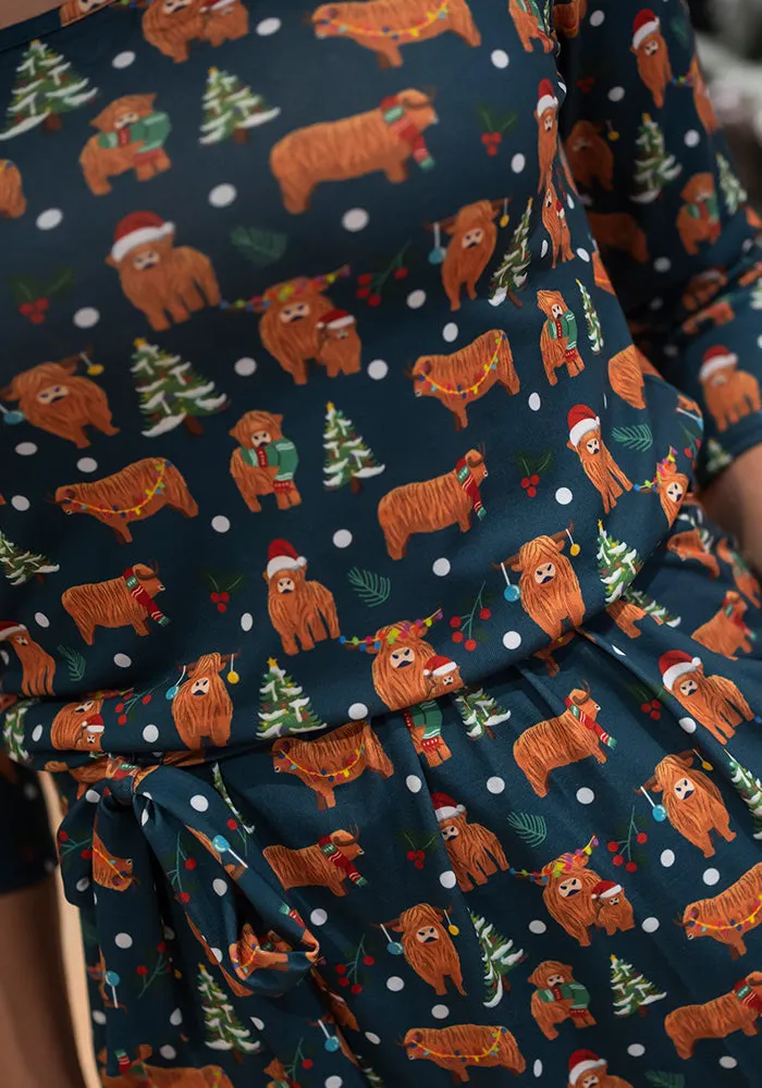 Cinnamon Christmas Cows Print Blouson Dress