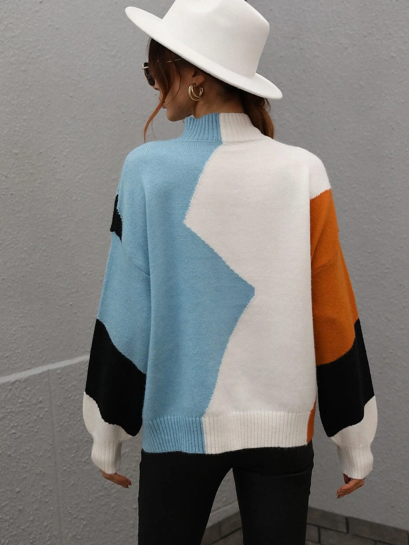 COLOR BLOCK MOCK NECK DROP SHOULDER PULLOVER SWEATER