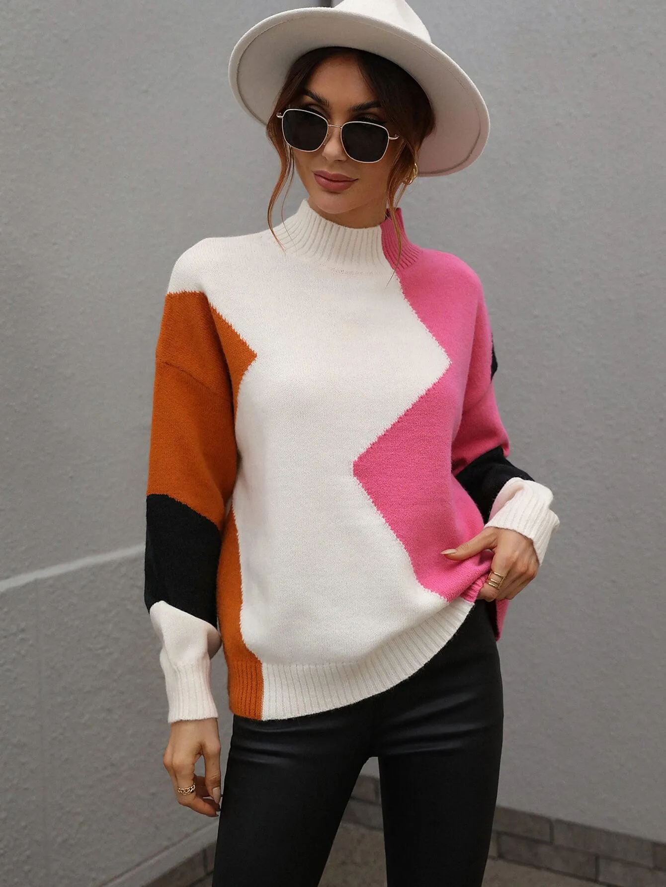 COLOR BLOCK MOCK NECK DROP SHOULDER PULLOVER SWEATER