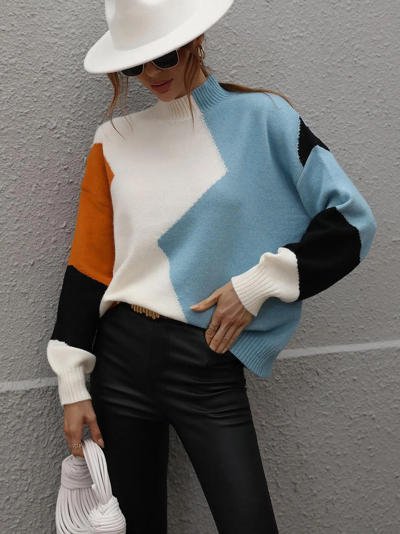 COLOR BLOCK MOCK NECK DROP SHOULDER PULLOVER SWEATER