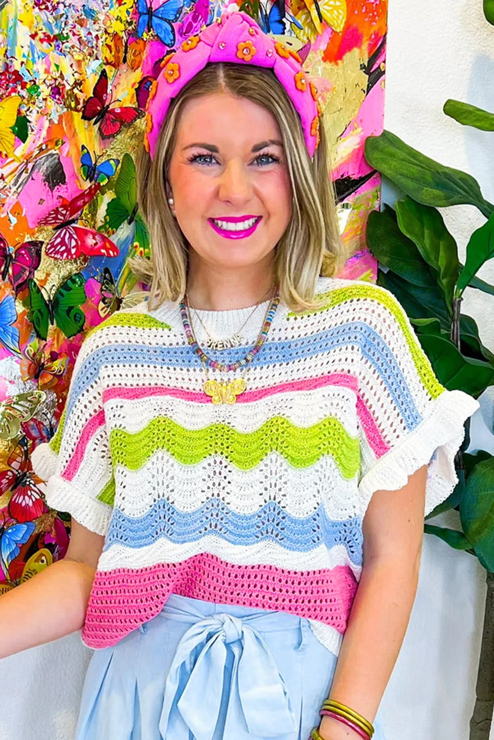 Colorblock Crochet Knit Ruffled Short Sleeve Sweater Top