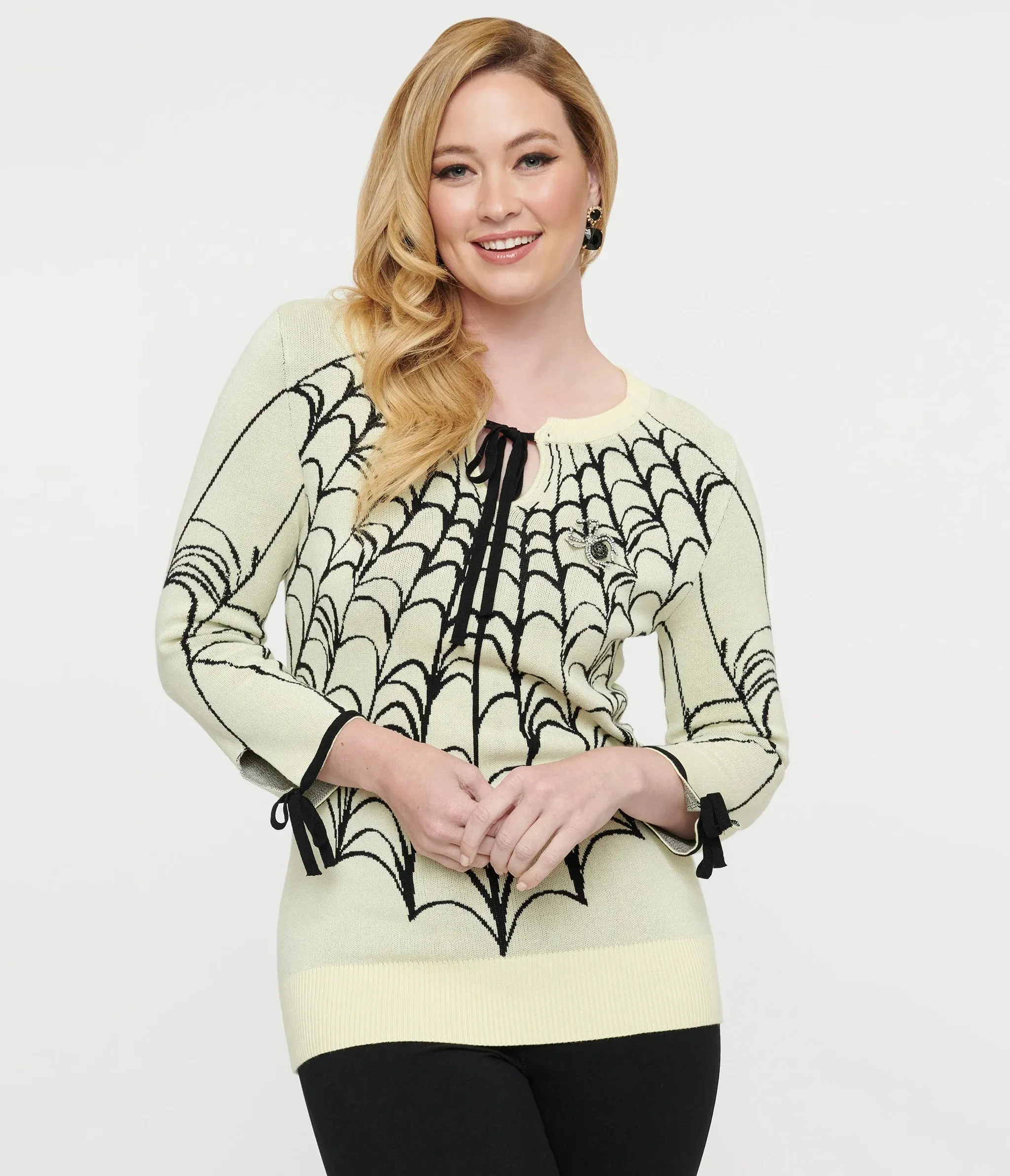 Cream & Black Spiderweb Keyhole Sweater