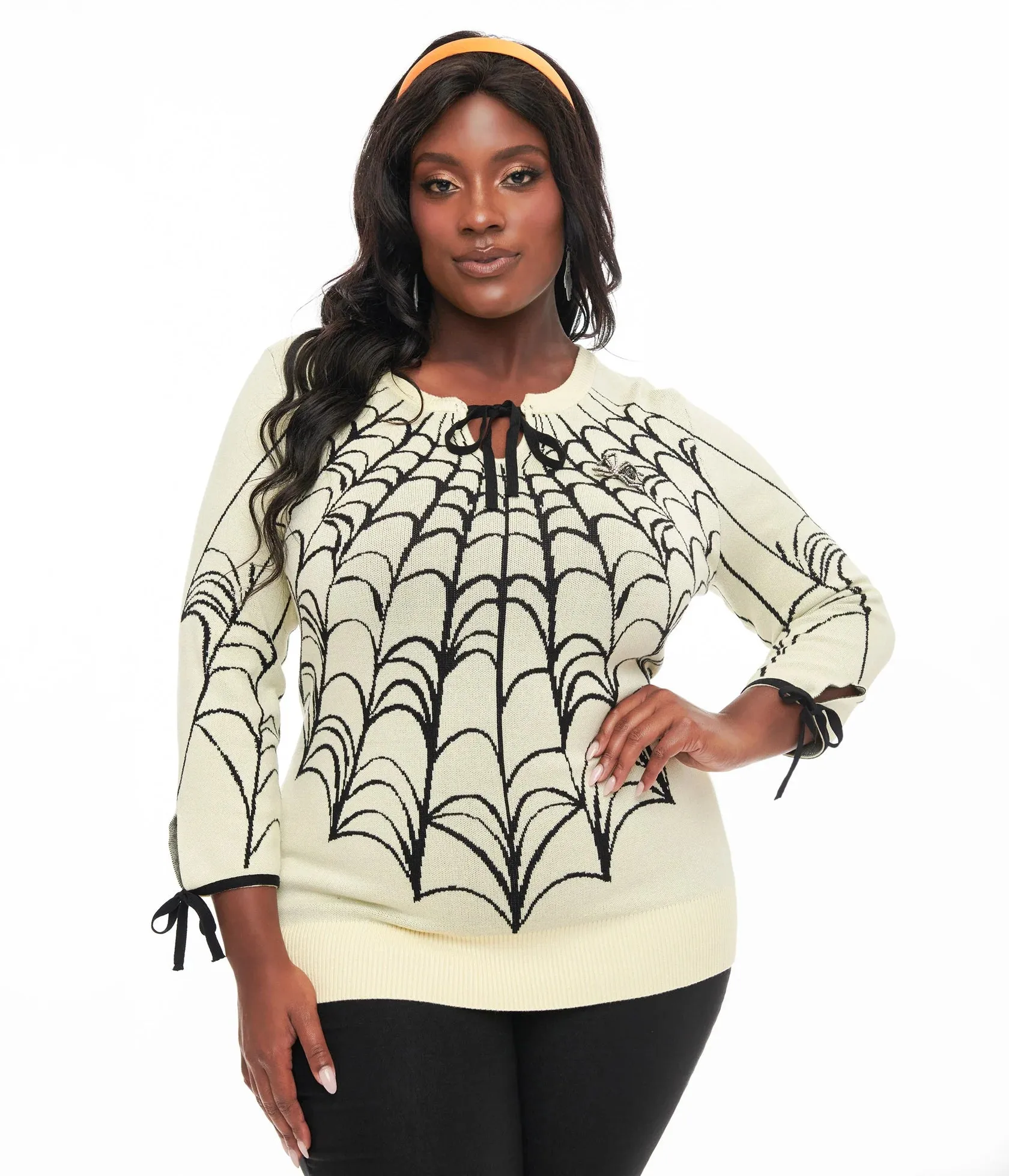 Cream & Black Spiderweb Keyhole Sweater