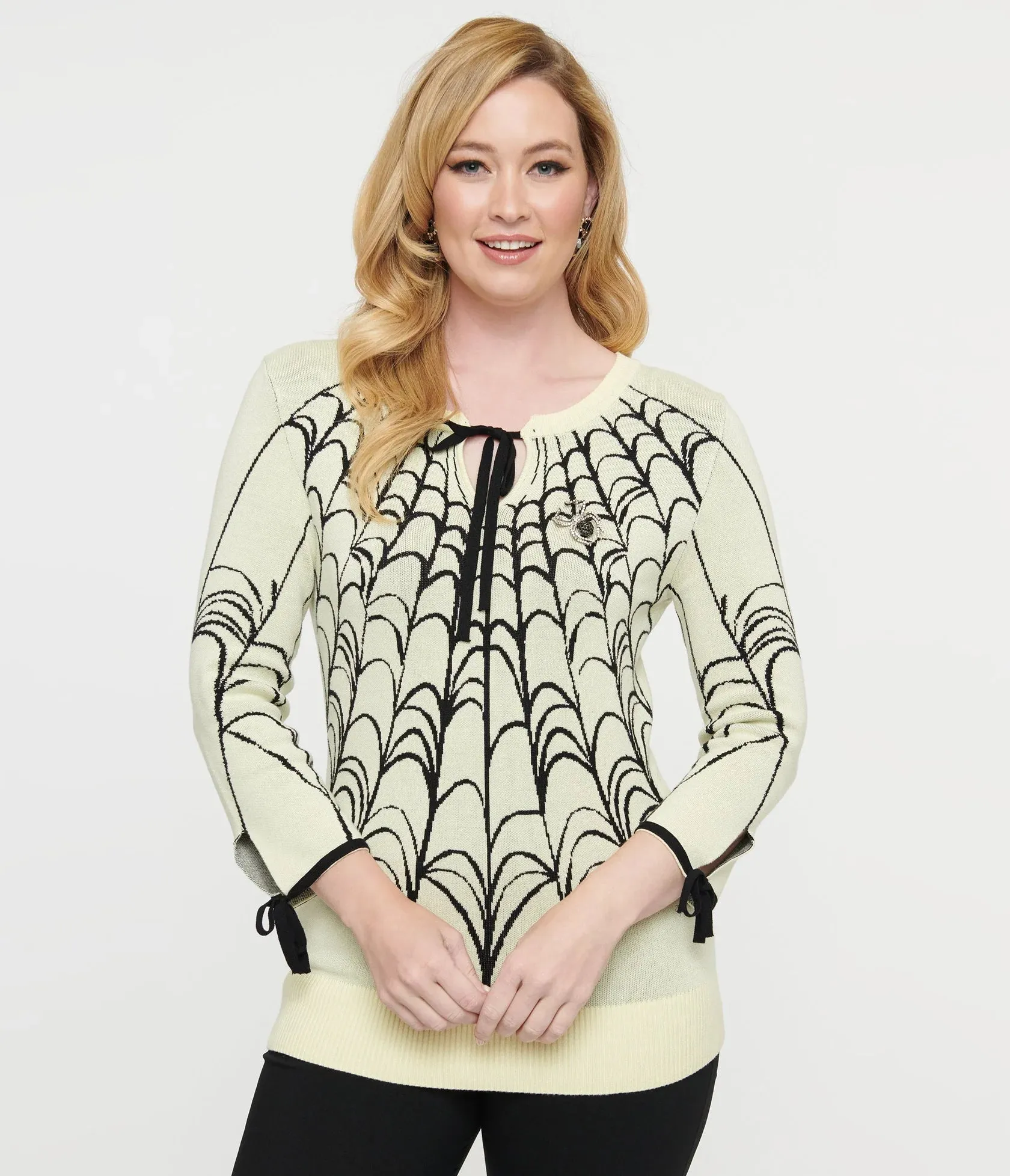 Cream & Black Spiderweb Keyhole Sweater