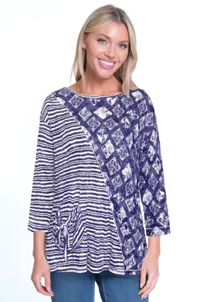 Crinkle Knit Tunic-Petite- White/Blue