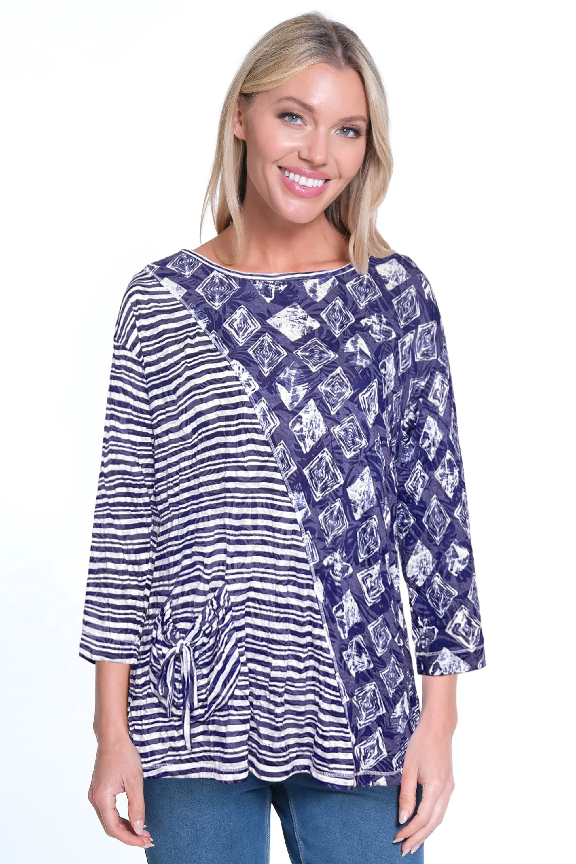 Crinkle Knit Tunic-Petite- White/Blue