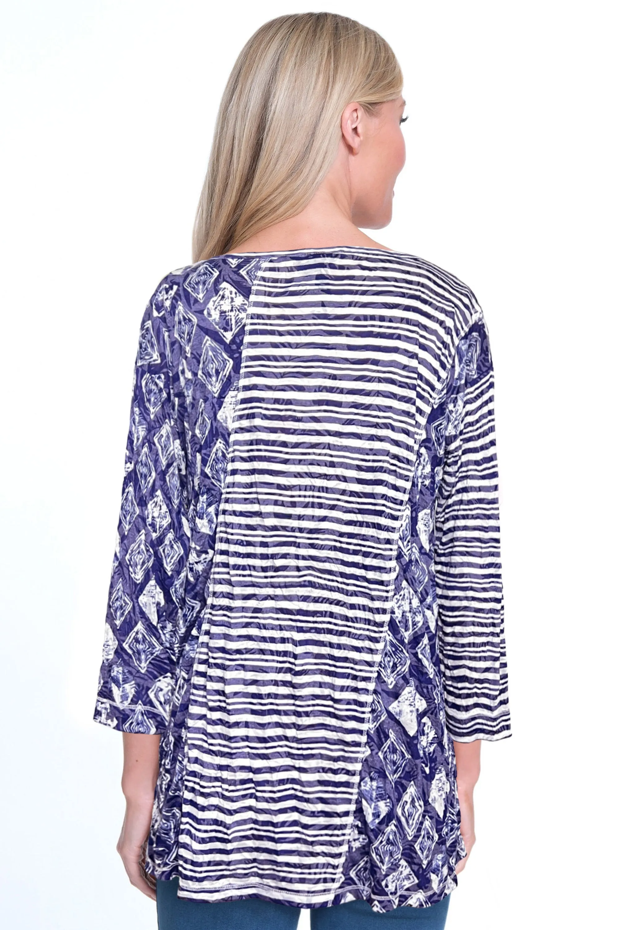 Crinkle Knit Tunic-Petite- White/Blue