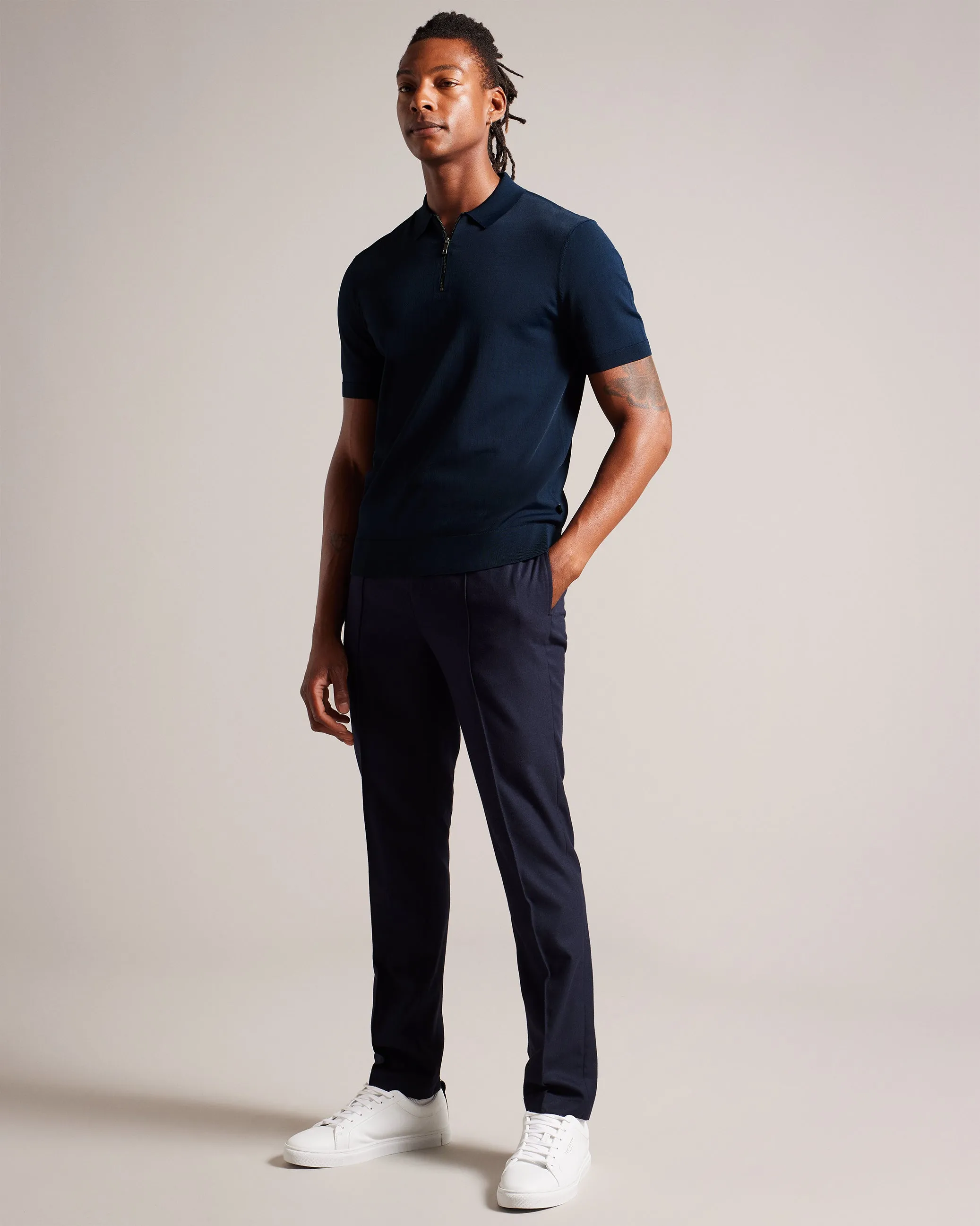 Daldin Ss Rayon Zip Polo Navy