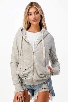 Dance & Marvel Knit Distressed Zip Up Front Hoodie - Grey