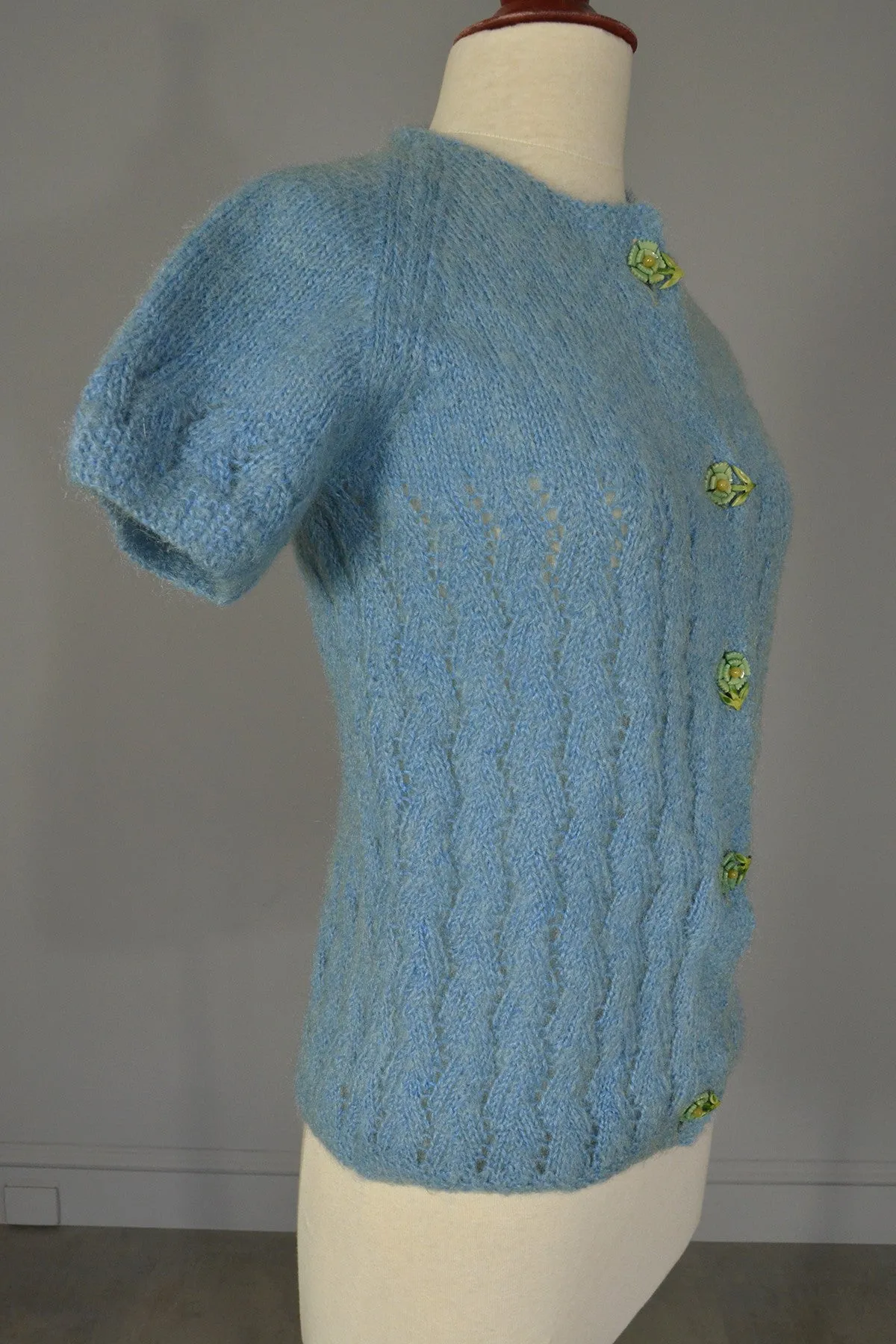 Dusty Blue Fuzzy Daisy Buttons Sweater