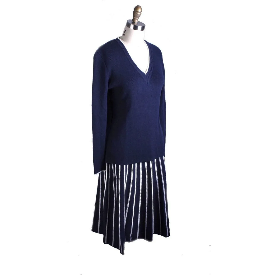 Goldworm Vintage 2PC Skirt Suit Sweater Suit 1970s Blue White Italy Womens L