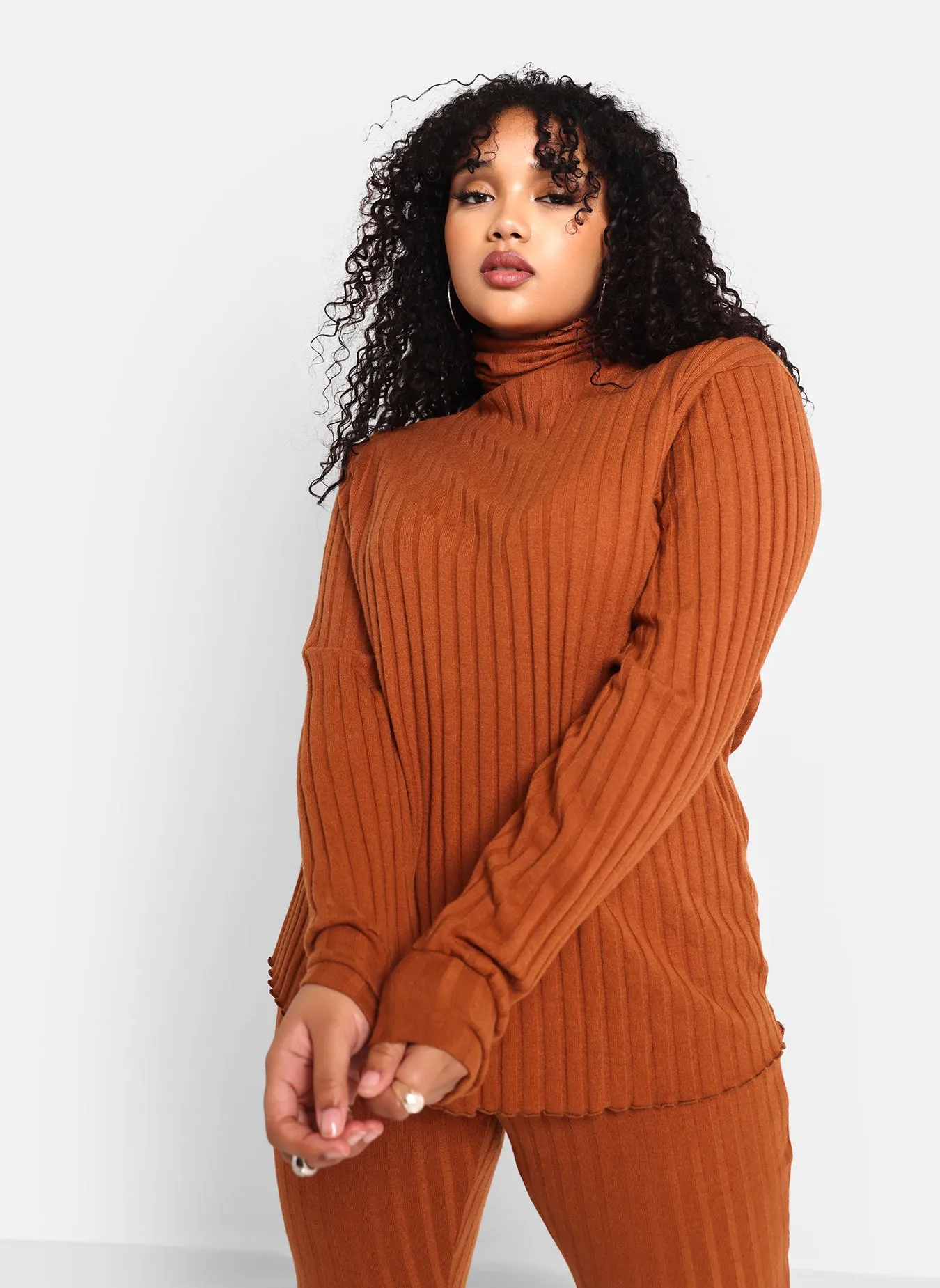 Idina Ribbed Knit Oversized Turtleneck Top - Chestnut