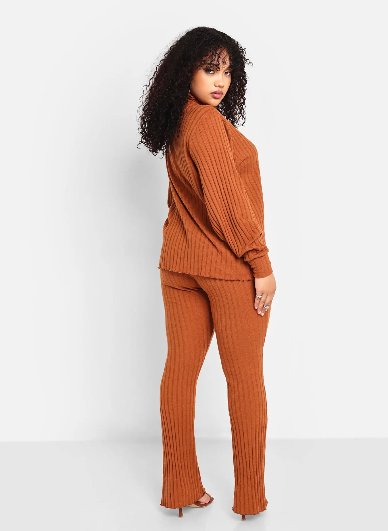 Idina Ribbed Knit Oversized Turtleneck Top - Chestnut