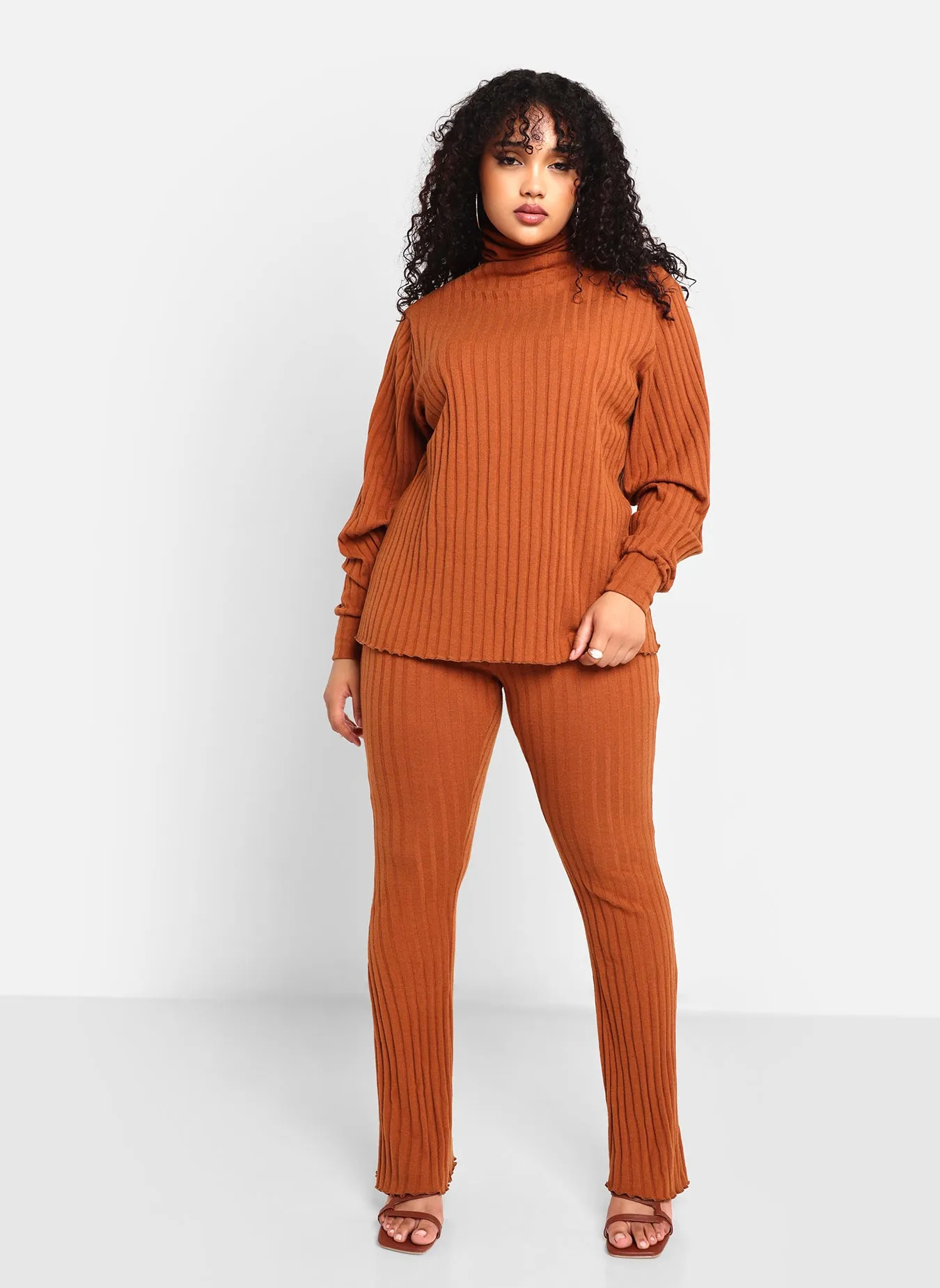 Idina Ribbed Knit Oversized Turtleneck Top - Chestnut