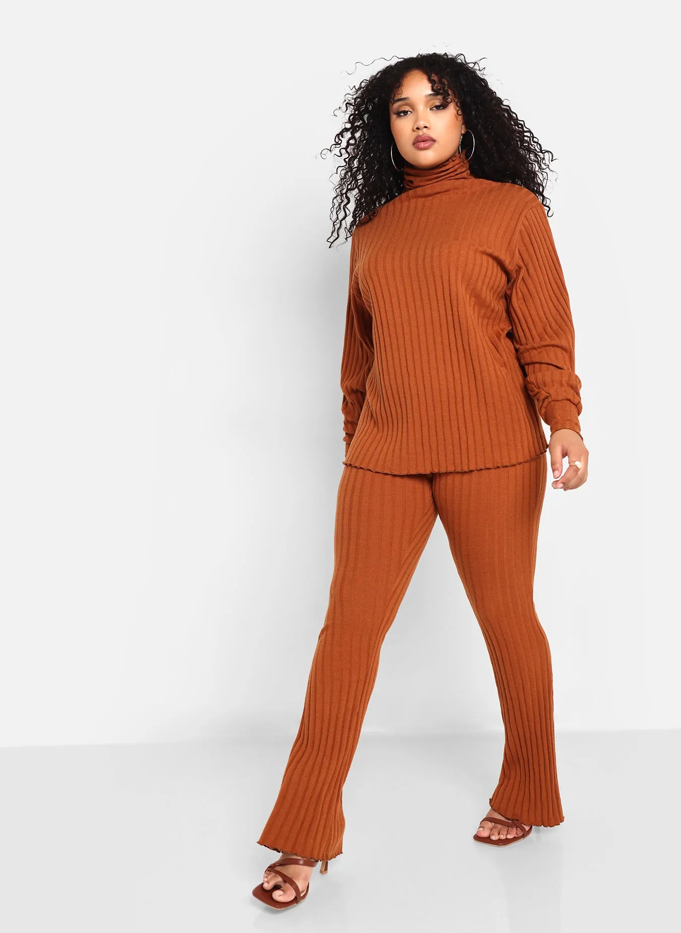 Idina Ribbed Knit Oversized Turtleneck Top - Chestnut