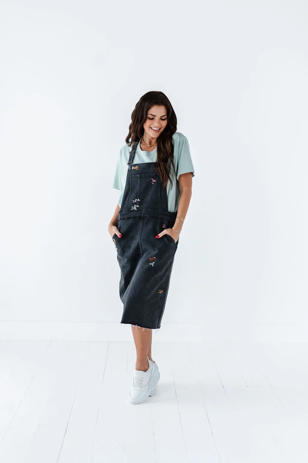 Jesse Embroidered Black Denim Overall Dress