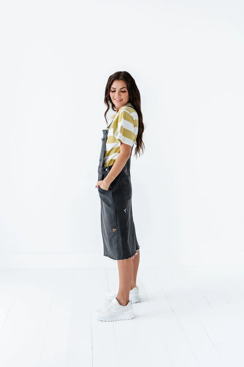 Jesse Embroidered Black Denim Overall Dress