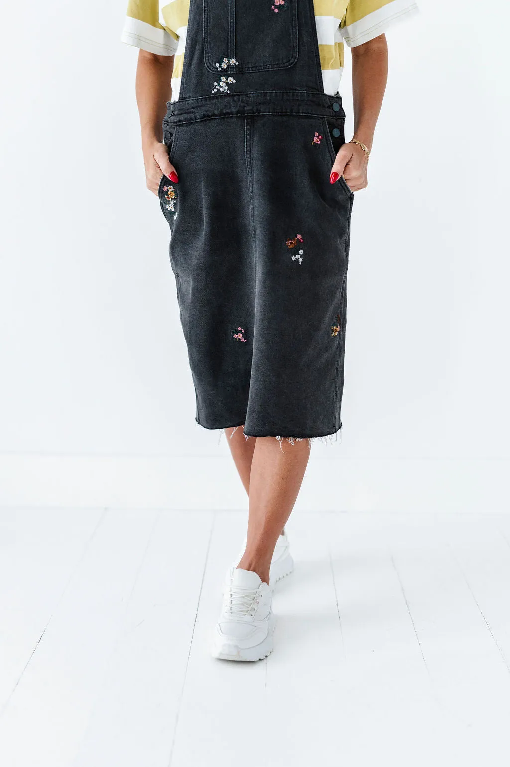 Jesse Embroidered Black Denim Overall Dress