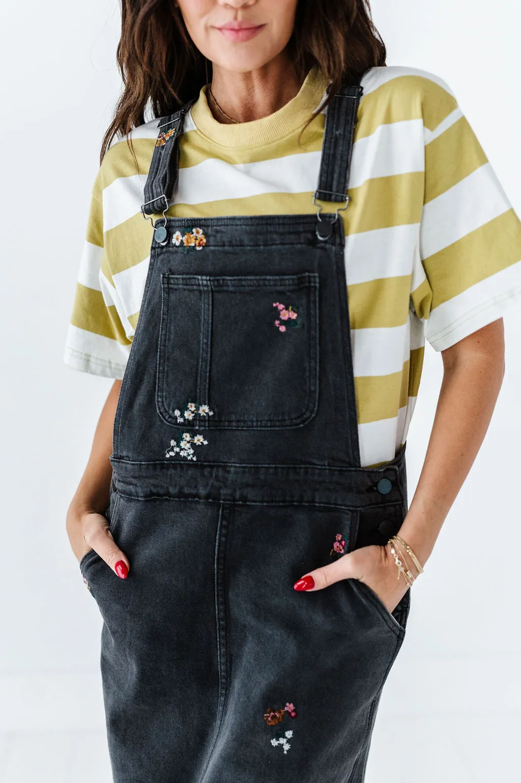 Jesse Embroidered Black Denim Overall Dress