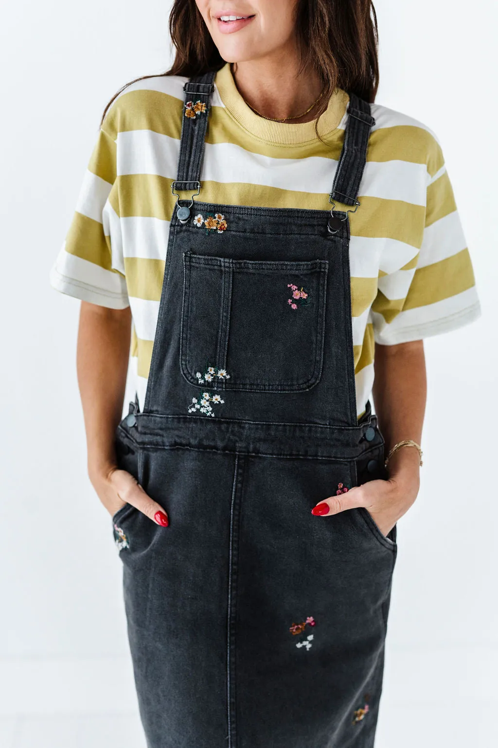 Jesse Embroidered Black Denim Overall Dress