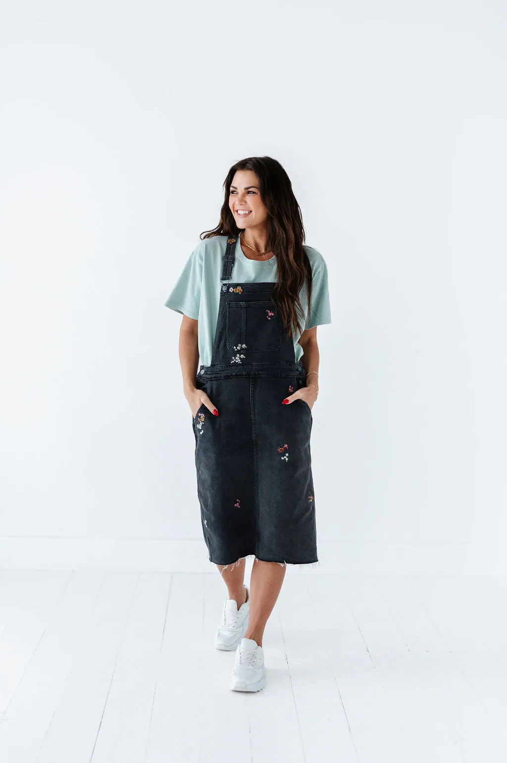 Jesse Embroidered Black Denim Overall Dress