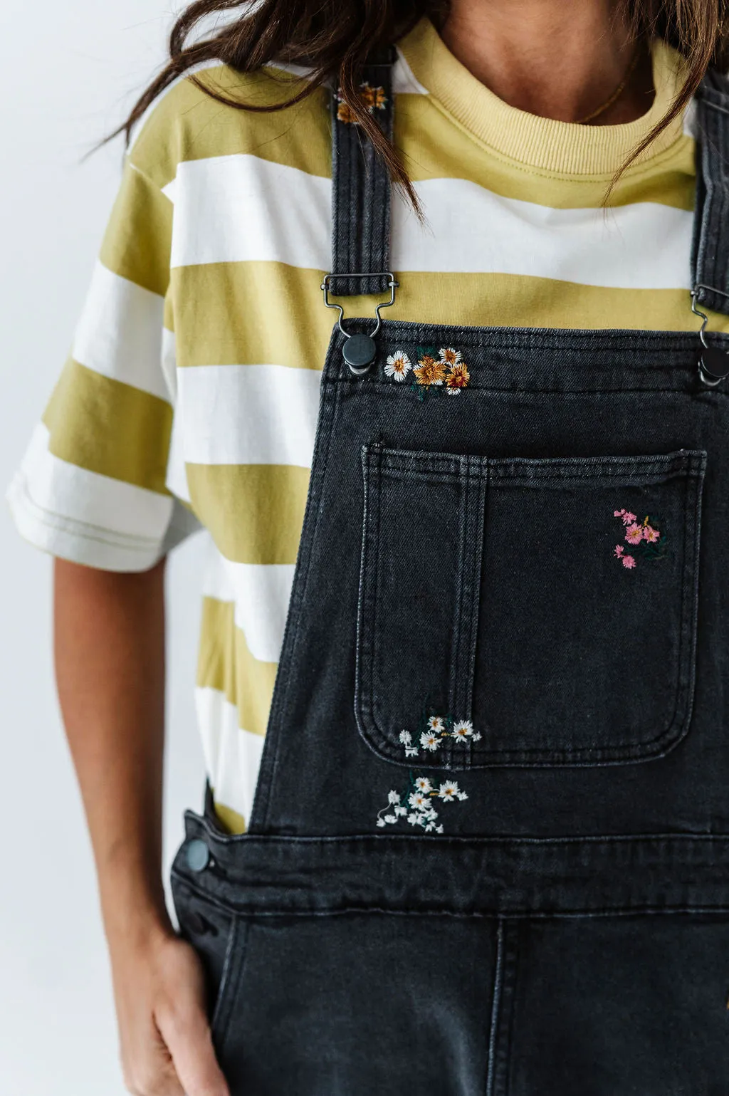 Jesse Embroidered Black Denim Overall Dress