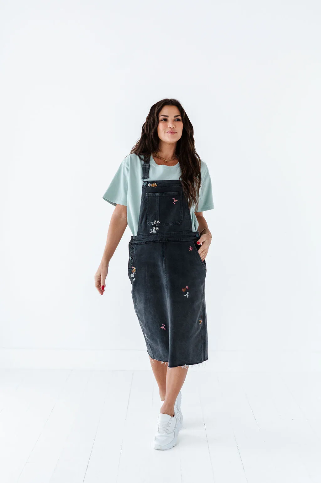 Jesse Embroidered Black Denim Overall Dress