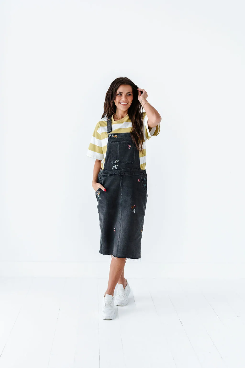 Jesse Embroidered Black Denim Overall Dress