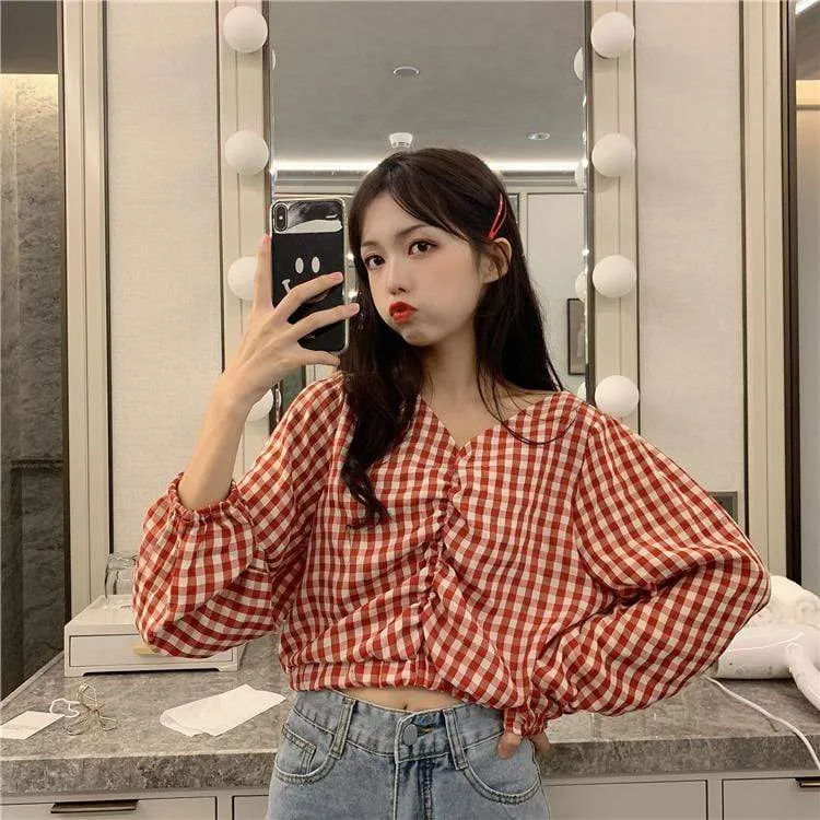 Kawaii V-neck Plaid Shirt